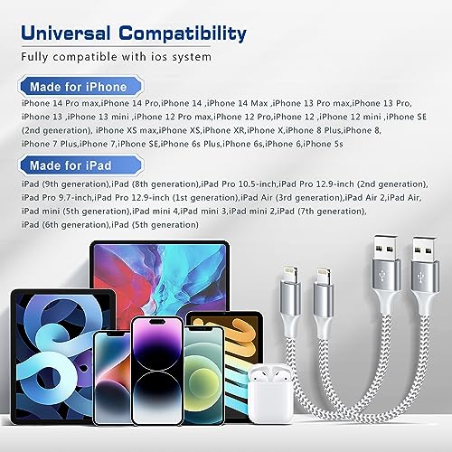 [Apple MFi Certified] Short iPhone Charger 1ft 2Pack,USB A to Lightning - color: silver, size: 2Pack-1FT