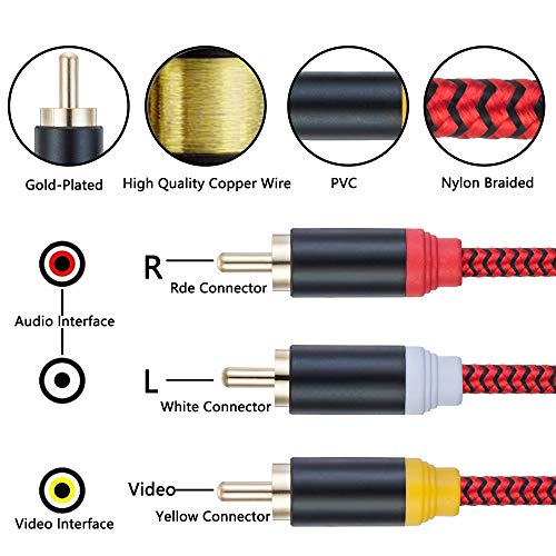 Audio Video RCA Cable 6Ft,3RCA Male to 3RCA Male 24K Gold Plated Composite AV Cable Compatible with Set-Top Box,Speaker,Amplifier,DVD Player and More(6Ft/2M) - size: 6Ft/2M