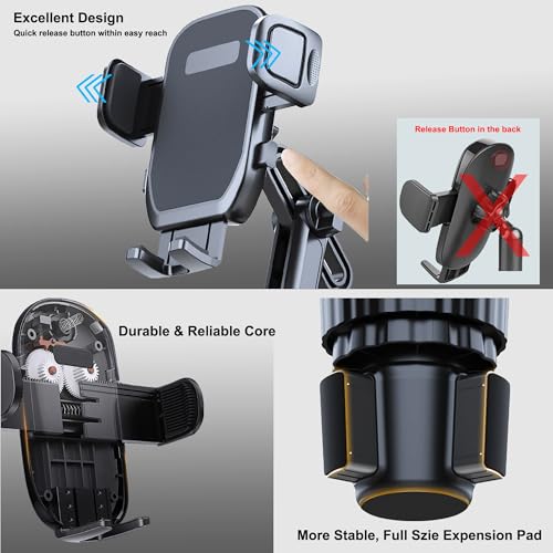 Cup Holder Phone Mount, 2 in 1 Universal Cup Holder Expander with Long Arm 360°Rotation Cup Phone Holder for Car Fits All 4-7” iPhone Galaxy Smartphones and Most Truck Bottles