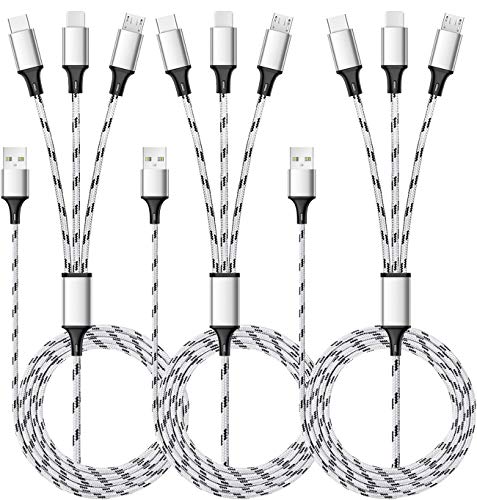 Multi Charging Cable, 5ft 3Pack Multi Charger Cable Nylon Braided Multiple USB Universal 3 in 1 Charging Cord Adapter with Type-C, Micro USB Port Connectors for Cell Phones and More - size: 5ft