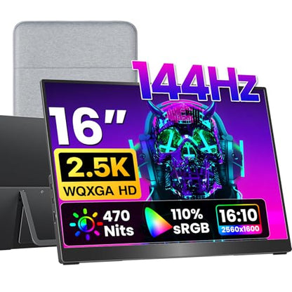 VisionOwl Portable Monitor 16 Inch 2.5K QHD 144Hz 16:10 Second Screen, USB-C HDMI HDR Travel Monitor for Laptop PC MacBook PS5 Xbox, VESA Mountable, with Speakers, Built-in Kickstand - size: 16 inch