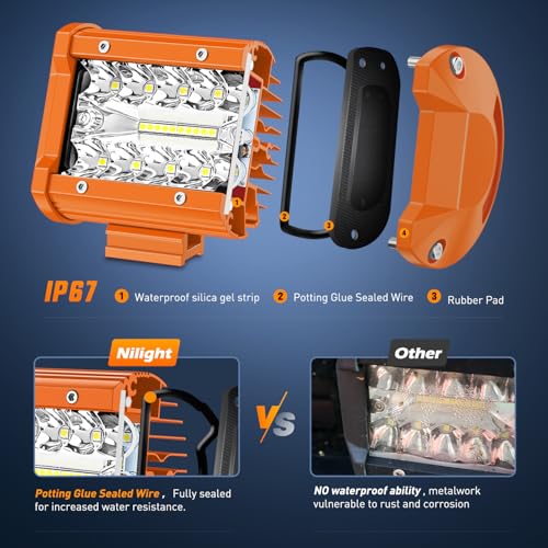 Nilight LED Light Bar 2PC 4Inch 60W Flood Spot Triple Row Driving Lamp - color: 2Pcs Amber Shell with White Light