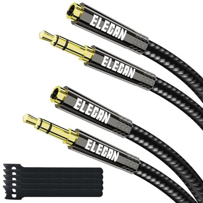 Elecan Headphone Extension Cable 1.5 Ft/2 Pack, 1/8 Inch 3.5 MM AUX Cord Wire Male to Female, Hi-Fi Sound Thin&Slim Braided TRS Stereo Audio Beats Cable Extender for Car,Home Stereos, Speaker,Phones - size: 1.5FT-2PK