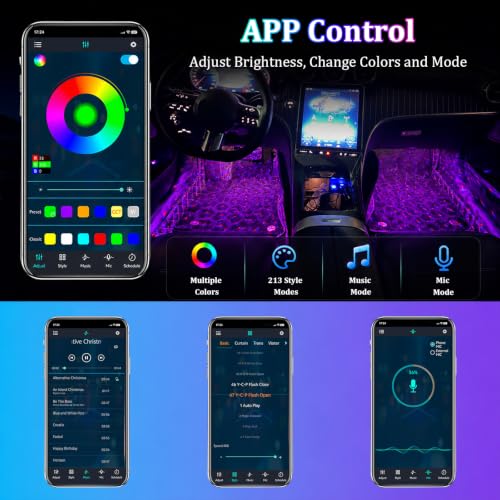 Car Interior LED Lights,4 in 1 RGB APP Control Automotive Under Dash Neon Ambient Lighting with USB Port,Music Sync Auto Footwell Lamp,Car Interior Atmosphere Light