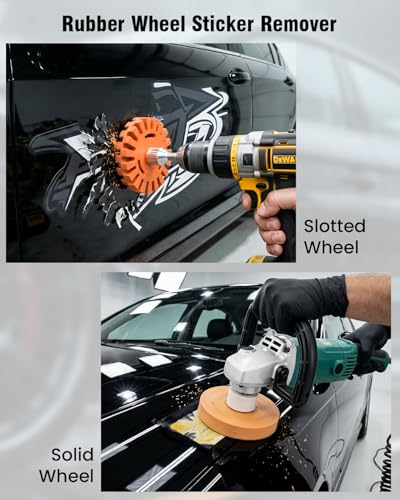 Eraser Wheel Decal Remover Tool Kit, 3 Upgraded Rubber Wheels with Razor Blade Scrapers & Drill Adapters + 10 Wipes, Removing Adhesive Stickers Vinyl Pinstripes Emblem Glue for Car Truck RV
