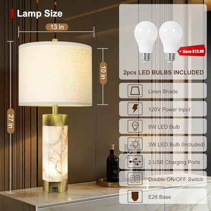 Scenekoy 27" Alabaster Table Lamps Set of 2,Table Lamp with Night Light - color: Pure White
