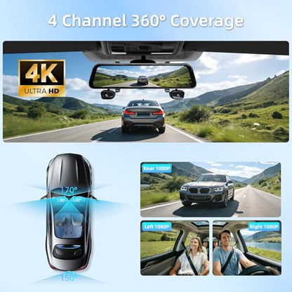 12'' Rear View Mirror Camera,4 Channel Mirror Dash Cam 4K+3x1080P,Dash cam Front Rear Inside Back up Camera,WiFi,GPS,Voice Control,8IR Night Vision,Parking Monitor,Free 128GB SD - size: 4 Channel Dash Cam+128GB