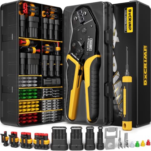 Waterproof Automotive Electrical Connectors Crimping Tool Kit, 1/2/3/4 Pin Waterproof Plugs, Ratchet Crimper for 24–14 AWG Wires, Includes Removal Tools for Car, Truck, RV, Boat Wiring Harness