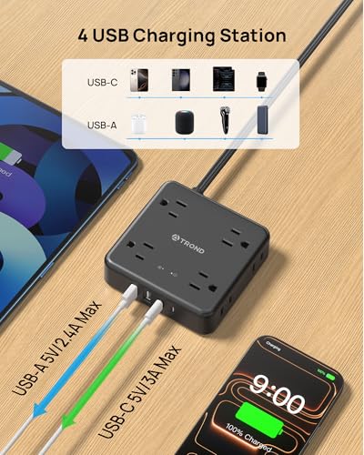 TROND 360° Rotating Flat Plug Power Strip 5ft, 8 AC & 4 USB (2U2C), Black - color: Black, size: 5FT, style: Rotating Plug-2U2C