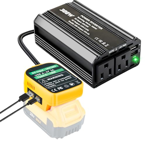 300W Power Inverter Compatible with Dewalt, DC 20V to AC 110-120V Battery Inverter, Portable Battery Adapter Charger Converter with 3 USB & 1 Type-C & 2 AC Outlet for Outdoor,Emergency(Tool Only) - color: Yellow