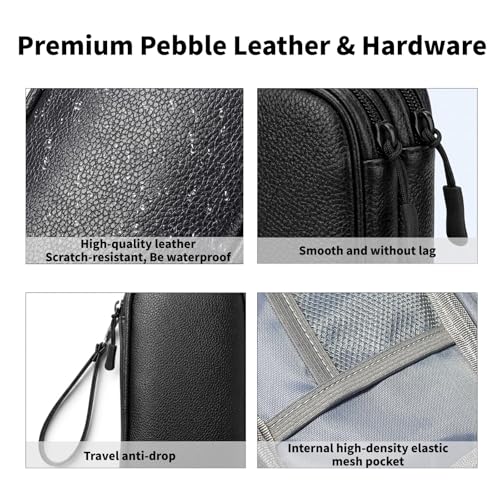 Leather Electronic Organizer Bag, Waterproof Travel Tech Pouch for Cord, Cable, Charger, Phone & Accessories (Black)