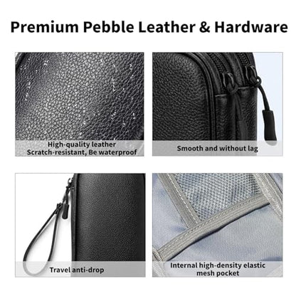 Leather Electronic Organizer Bag, Waterproof Travel Tech Pouch for Cord, Cable, Charger, Phone & Accessories (Black)
