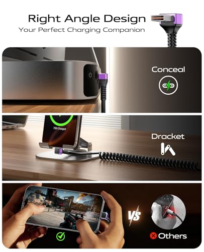 90 Degree USB A to USB C Cable 6FT Coiled USB-C Fast 3A Charging Cable - color: Purple, size: 6FT