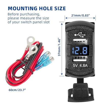 Anina Rocker Switch Style Dual USB Car Charger Port, 12V-24V Waterproof USB Socket with Blue LED Voltmeter, 4.8A USB Outlet Replacement for Marine Toggle Switch Panel on Boat Truck SUV RV UTV