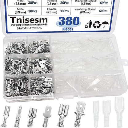 Tnisesm 380Pcs Quick Splice 2.8/4.8/6.3mm Male and Female Wire Spade Connector Wire Crimp Terminal Block with Insulating Sleeve Assortment Kit for Car Audio Speaker Electrical Wiring TN-T02