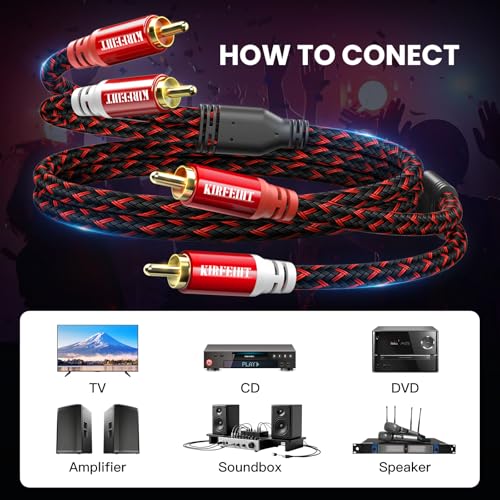 KIRFEIHT RCA Cables - 2RCA to 2RCA Subwoofer Cable OFC Core Gold-Plated Plug Nylon Braided Car Audio Cable for Hi-Fi Systems, Home Theater, HDTV, Amplifiers, Speakers 10FT - Red & Black - size: 10FT, style: 2RCA TO 2RCA