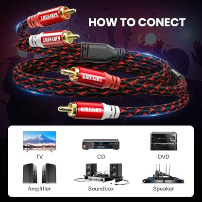 KIRFEIHT RCA Cables - 2RCA to 2RCA Subwoofer Cable OFC Core Gold-Plated Plug Nylon Braided Car Audio Cable for Hi-Fi Systems, Home Theater, HDTV, Amplifiers, Speakers 15FT - Red & Black - size: 15FT, style: 2RCA TO 2RCA