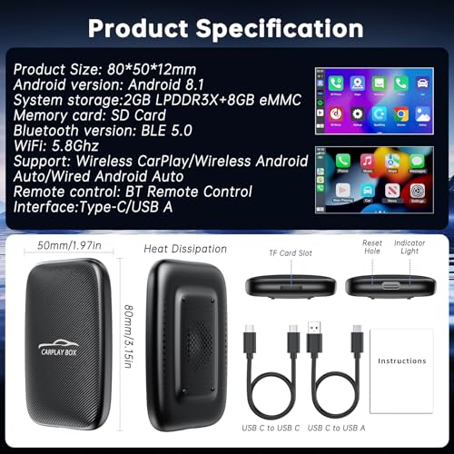 5-in-1 Wireless CarPlay Adapter and Android Auto Wireless Adapter, Carplay Wireles Adaptar with Netflix YouTube TF Card, Magic Ai Box for OEM Wired iPhone Car Play Cars, Plug & Play Easy Setup