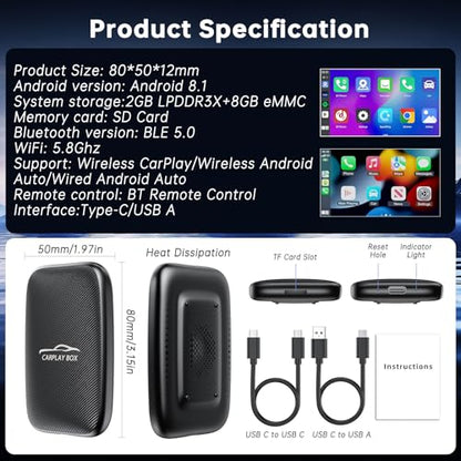 5-in-1 Wireless CarPlay Adapter and Android Auto Wireless Adapter, Carplay Wireles Adaptar with Netflix YouTube TF Card, Magic Ai Box for OEM Wired iPhone Car Play Cars, Plug & Play Easy Setup