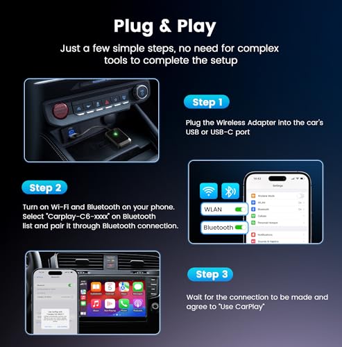 Wireless CarPlay Adapter for iPhone – Plug-and-Play with USB-A Extension & USB-C Connector, Zero Latency, Compatible with 2016+ Cars & iOS 10+