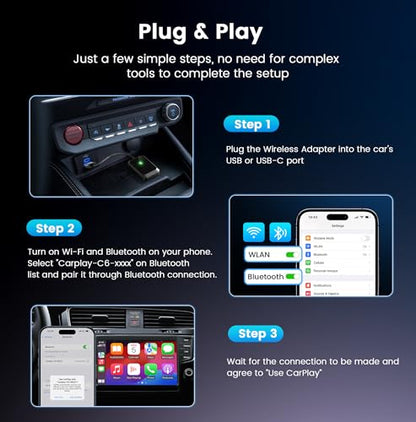 Wireless CarPlay Adapter for iPhone – Plug-and-Play with USB-A Extension & USB-C Connector, Zero Latency, Compatible with 2016+ Cars & iOS 10+