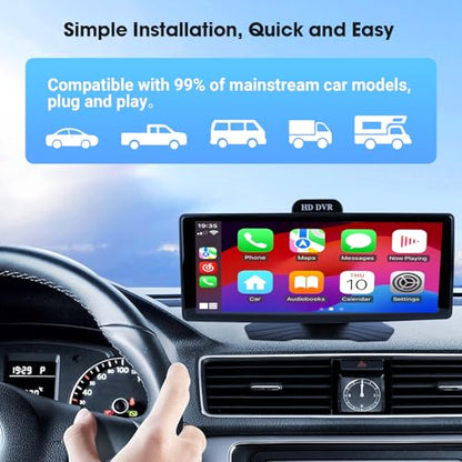 Haudio 10.26" Portable Wireless Apple CarPlay Screen for Car, Wireless Android Auto Touch Screen with 1080P Dash Cam & Backup Camera, GPS Navigation, Bluetooth 5.0, Voice Control, FM, Plug and Play - size: 10.26 inch