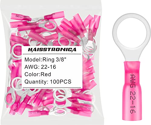 haisstronica 100PCS Heat Shrink Ring Terminals, 22-16 AWG, 3/8 in, Red - color: Red, size: Ring 3/8"