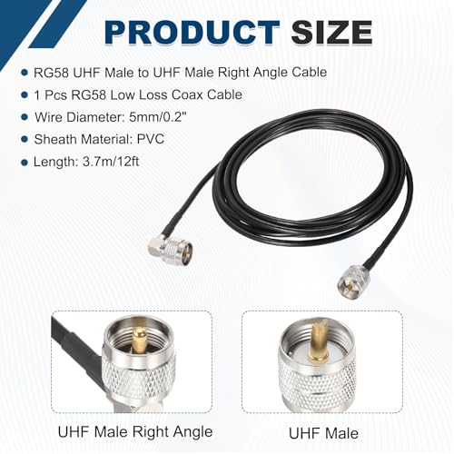 MECCANIXITY Black RG58 CB Coax Cable 12ft, 50 Ohm Low Loss UHF Male to UHF Male Right Angle Extension Jumper Cable for HAM Radio, Antenna Analyzer, HF Radio, and Communication Devices - size: 12ft