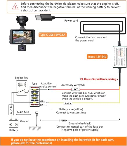 Gebildet Dash Cam Hardwire Kit, Car Dash Camera Micro Charger Hard Wire Kit for Dashcam DC 12-24V to 5V/2.5A Low Voltage Protection 24h Parking Surveillance with Fuse Tap - style: Micro -3 wire with fuse tap