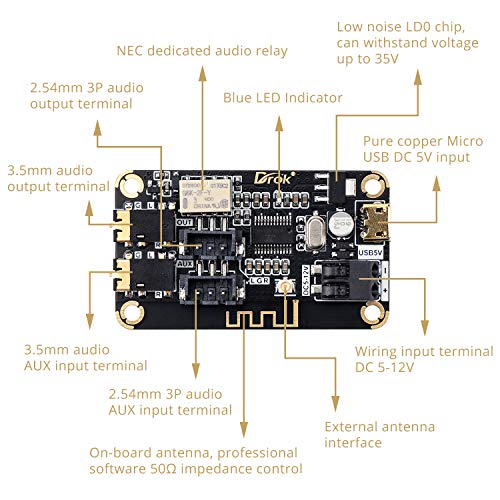DROK Blue~Tooth Board, 12V Audio Receiver Blue~Tooth Module DC 5V-12V Portable Wire~Less Electronics Stereo Music Receive Circuit Chip with Micro USB Port for Headphone Speaker Home Sound System DIY