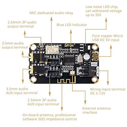 DROK Blue~Tooth Board, 12V Audio Receiver Blue~Tooth Module DC 5V-12V Portable Wire~Less Electronics Stereo Music Receive Circuit Chip with Micro USB Port for Headphone Speaker Home Sound System DIY