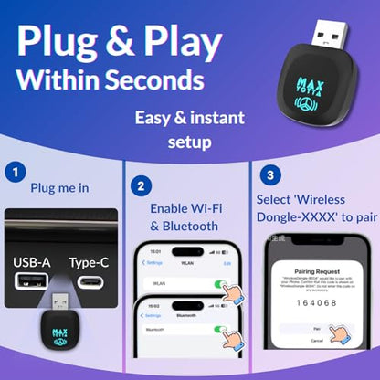 Wireless CarPlay Dongle for iPhone, Mini Plug & Play Car Play Adapter