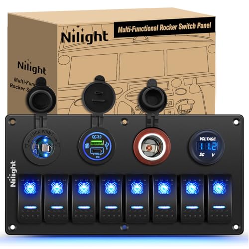Nilight 8 Gang Multi Function Rocker Switch w/Inline Fuse Panel Pre-Wired - color: Blue, size: 8+4 Gang Type C +USB