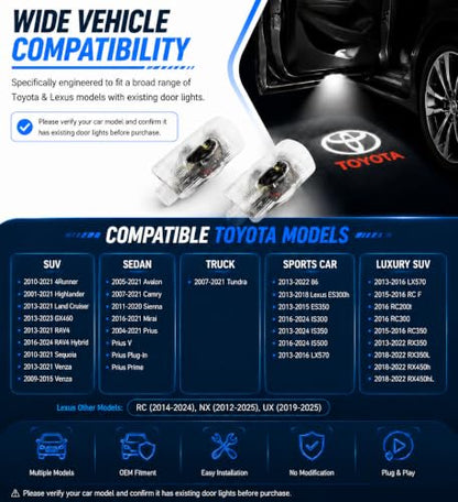 2Pcs Never Fade Car Door Lights Logo Projector Compatible with Toyota 4Runner Avalon Camry Prius Tundra Sienna Car Accessories - color: YBD-005