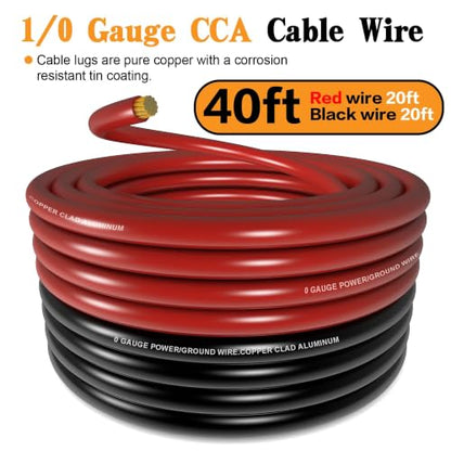 40FT 1/0 Battery Cable 0 Gauge Wire with Terminals Kit for Amp Wiring Kit - color: W/ Lugs Only