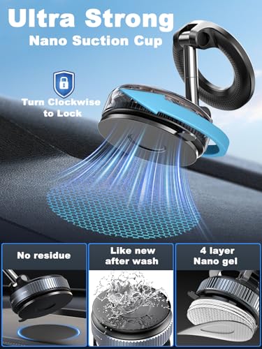 snanlen Upgraded 360° Nano Gel Vacuum Magnetic Phone Holder, Car Phone Holder for Magsafe[108+LBS Strongest Suction & 3000gf Strongest Magnetic], Suction Cup Phone Mount for Car/for iPhone 17 Pro Max - color: Black
