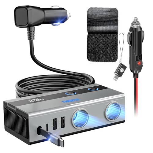 FARSENSE 6 in 1 Cigarette Lighter Splitter,12V/24V Car Charger Adapter with RetractableType-C Cable,2 Socket Expander,3 USB Ports,Independent Switches,Voltage Display,3.3FT Cord for Truck RV SUV