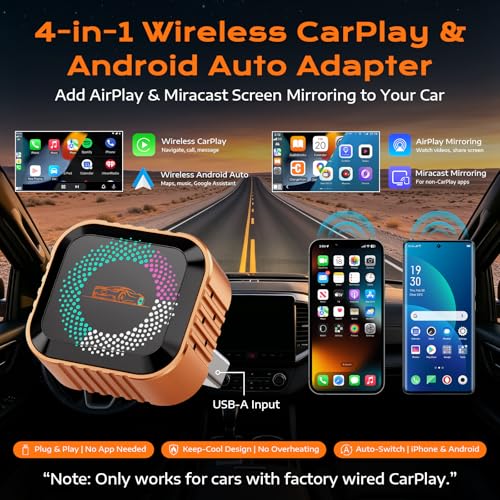 4-in-1 Wireless CarPlay Adapter with Screen Mirroring, Plug & Play No App
