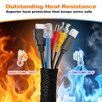Automotive Split Wire Loom Braided Cable Sleeve, High Temperature 300°F Heat Resistant & Flame Retardant, Self-Wrapping Wire Harness Protector Car Cable Management (Black, 1/2"-50Feet) - color: Black, size: 1/2"-50Feet
