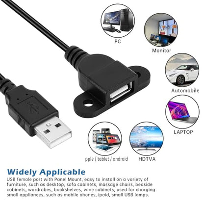 QiCheng&LYS USB Male to Single Female Extension Cable Charging Cable, Furniture nightstand Sofa Electric Vehicle on-Board Charging Port, Panel Mount Cable with Screw Hole 5ft (1 Male to 1 Female) - color: 1 pcs Single Female