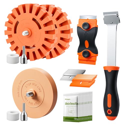 Eraser Wheel Decal Remover Tool Kit, 3 Upgraded Rubber Wheels with Razor Blade Scrapers & Drill Adapters + 10 Wipes, Removing Adhesive Stickers Vinyl Pinstripes Emblem Glue for Car Truck RV