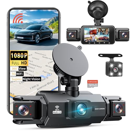 4 Channel Dash Cam 360° View, TOPGOOSE 2K FHD Front and Rear Inside, Left Right Dash Camera for Cars, 5G WiFi & APP Control, with 64GB SD Card, G-Sensor, 8 IR Lamps Night Vision (3.17 inches) - size: 3.17 inches