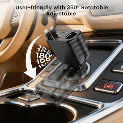 OHLPRO Retractable Car Charger Cigarette Lighter Adapter, 168W 5 in 1 Fast Phone Charging Built-in Replaceable Fuse, Socket Splitter with USB C and USB i Cord, Fit for Phone iPad Galaxy GPS, Black - size: USB-C+USB-i
