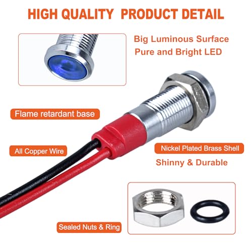 10Pcs 6mm (1/4") 12V-24V AC/DC 20mA Meatl LED Indicator Light Wide Flat Head Waterproof Signal Lamp Pilot Dash Directional with Wire（Blue LED 10Pcs - color: Blue, size: 6mm / 12V-24V