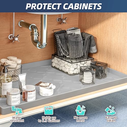 SIKADEER Waterproof Under Sink Mat 31" x 19" Silicone Mat Cabinet Protector - color: Gray, size: 31"W x 19"L
