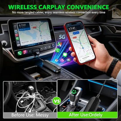Wireless CarPlay Auto Adapter for Factory Wired Cars (2015-2026), Plug & Play CarPlay Dongle Converts Wired to Wireless, Fast Auto Reconnect, Dual Band 5GHz, USB A & USB C Compatible