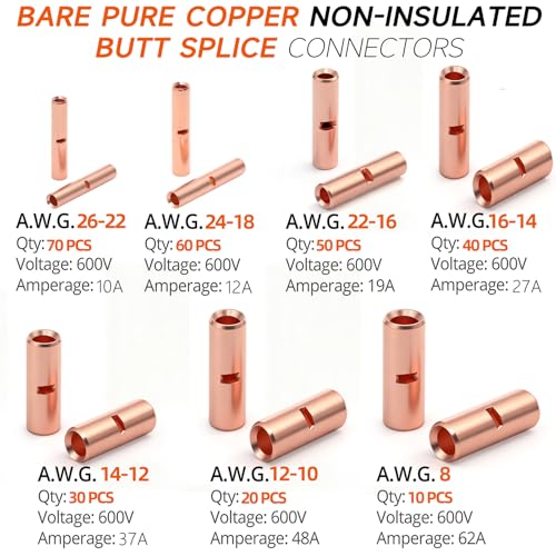 SVAAR 280 PCS Non‑Insulated Butt Connectors Kit, 26‑8 AWG Heavy‑Duty Pure Copper Seamless Barrel Crimp Butt Splices, Uninsulated Wire Repair Splice Terminals for 26‑8 Gauge Wire - color: Non-Insulated Splice - Bare Copper
