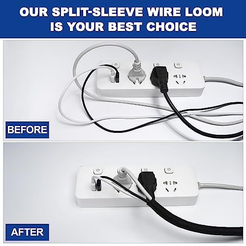 Split-Sleeve Wire Loom for High-Temperature Automotive Harness and Home Cable Management, 25ft - 1/8 inch Braided Cable Management Sleeve Cord Protector, Self-Wrapping Split Wire Loom - size: 1/8"