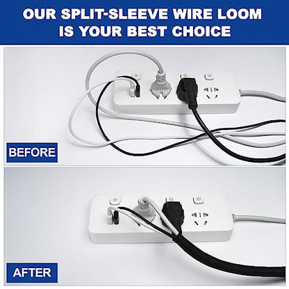 Split-Sleeve Wire Loom for High-Temperature Automotive Harness and Home Cable Management, 25ft - 1/8 inch Braided Cable Management Sleeve Cord Protector, Self-Wrapping Split Wire Loom - size: 1/8"