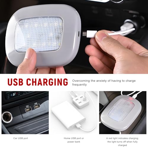 자동차 내부 천장 지붕 조명, USB 충전식 차량 돔 조명 10LED 독서 램프, 프레스 스위치 포함, 범용 마그네틱 무선 돔 램프, 자동차 트럭 RV 캠핑카용 (그레이) - color: 화이트 라이트, 그레이